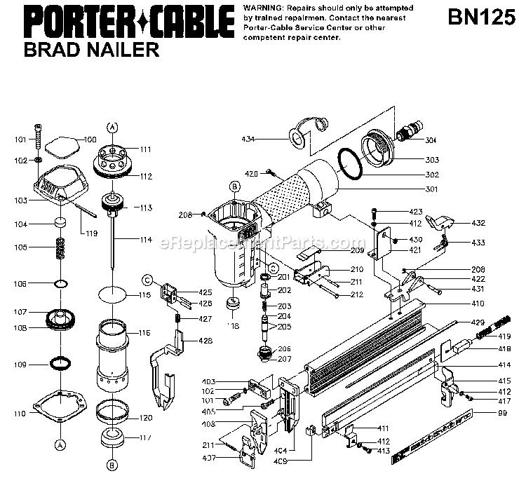 Porter Cable BN125 (Type 1) 1 1/4in Brad Nailer Power Tool Page A Diagram